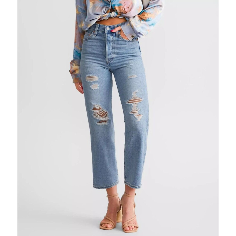Levis Premium Womens Denim Jeans Ribcage Straight Ankle Light Blue High Rise New